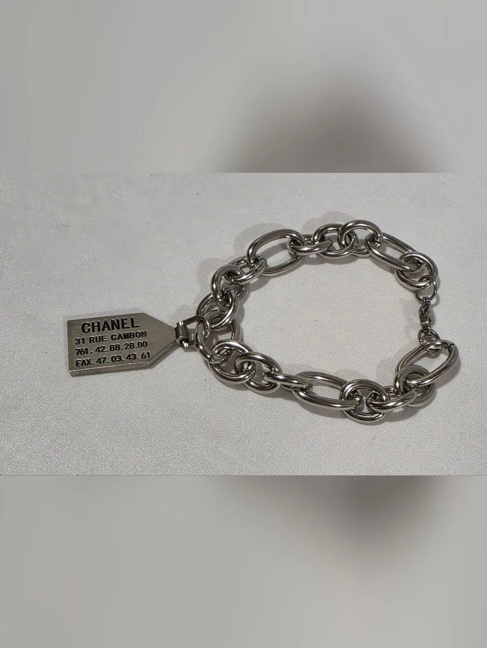 CHANEL Silver Tag Stainless Steel Chain Link Bracelet